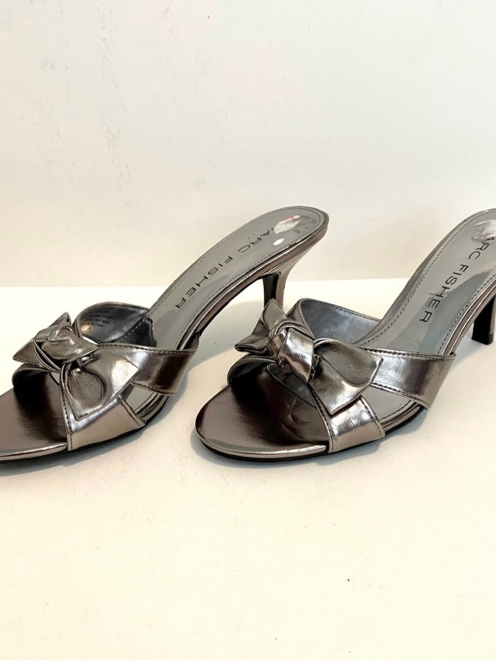 Marc Fisher Pewter Metallic Bow Mule Heels